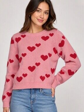 Dreamers By Debut Pink Heart Print Crewneck Knit Sweater Pullover Valentine S